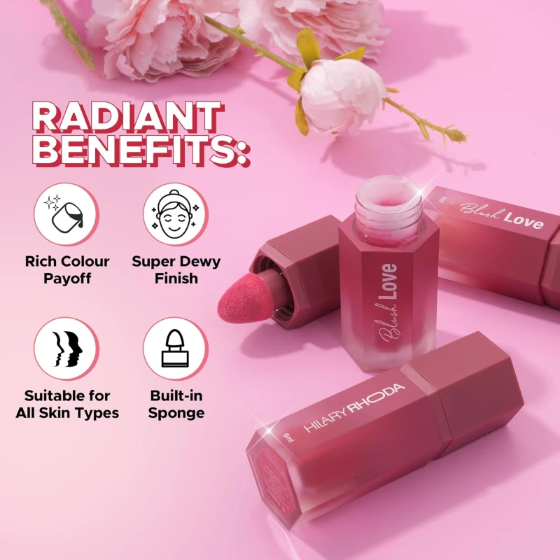 Hilary Rhoda Blush Love Liquid Blush For Women | Highly Pigmented Blush | Super Dewy Finish | Built-in Sponge | Easy to Apply | Available in 6 Shades | Cruelty-free & Vegan | All Day Wear | Buildable Formula & Leak-Proof - 6ml (Spotlight | Shade 03) - Thumbnail 4